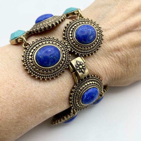 LUCKY BRAND Bracelet Blue Cabochon Sodalite Wide Southwest 7 1/2" - 75 Retail - Picture 2 of 6